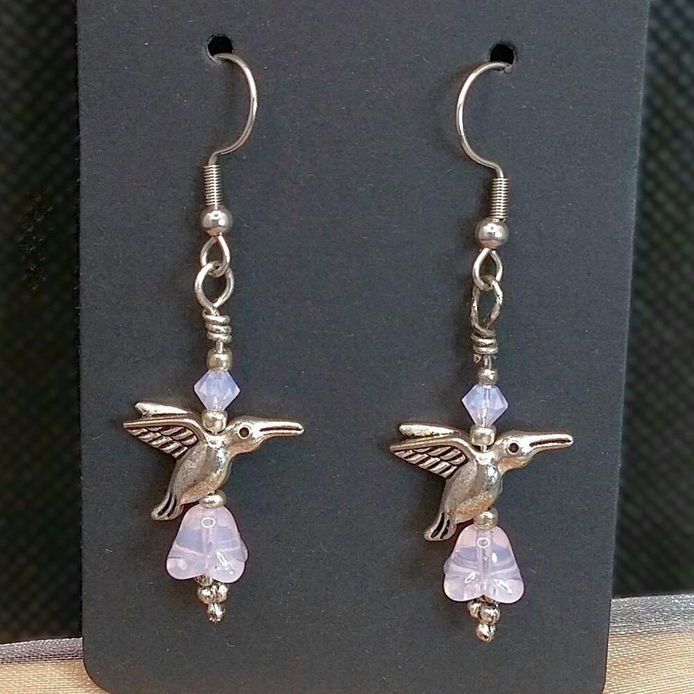 Tibetan Silver Hummingbird Earrings Artisan Translucent Pink Glass Flower Dangle